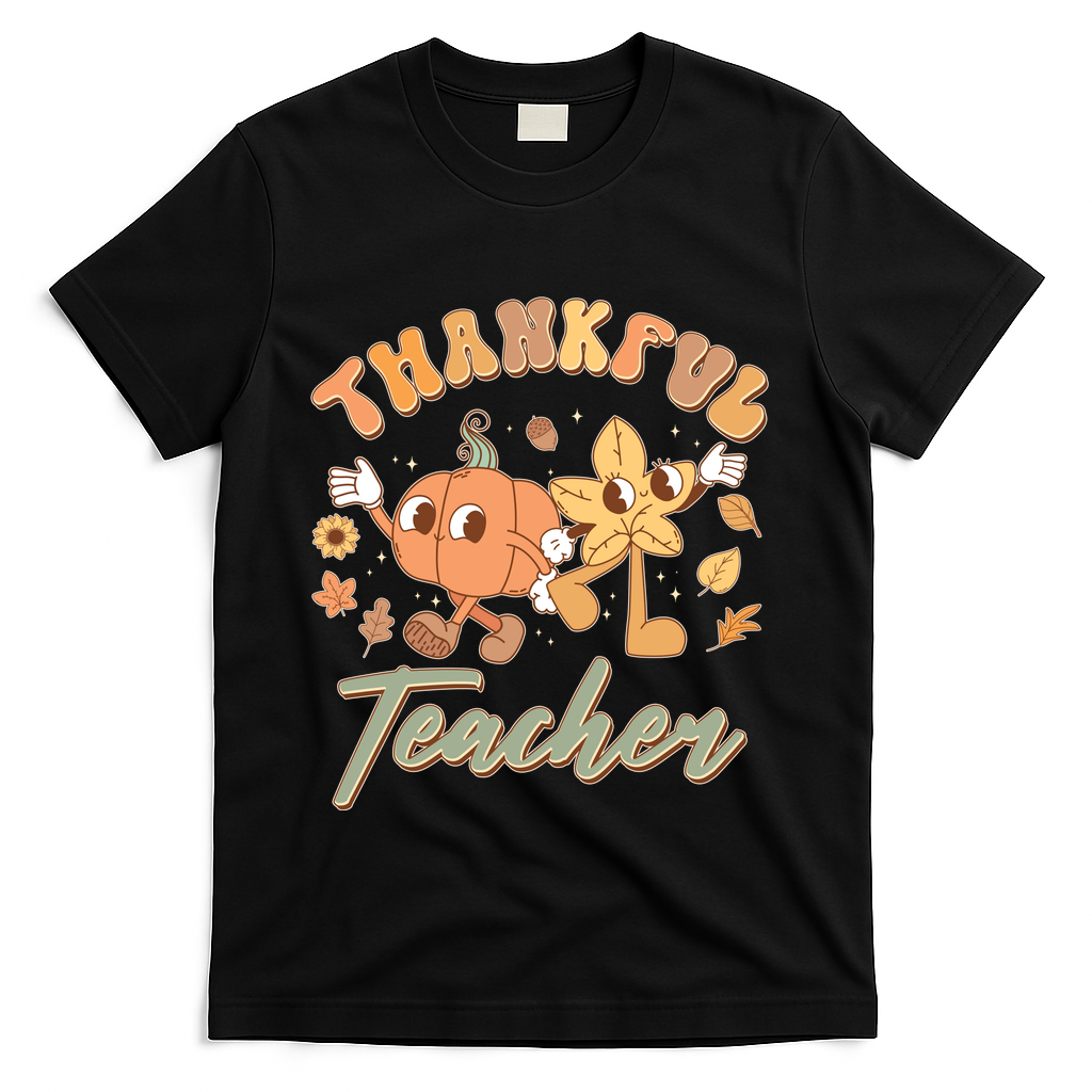 Cute Thanksgiving Thankful Teacher T-Shirt - Black