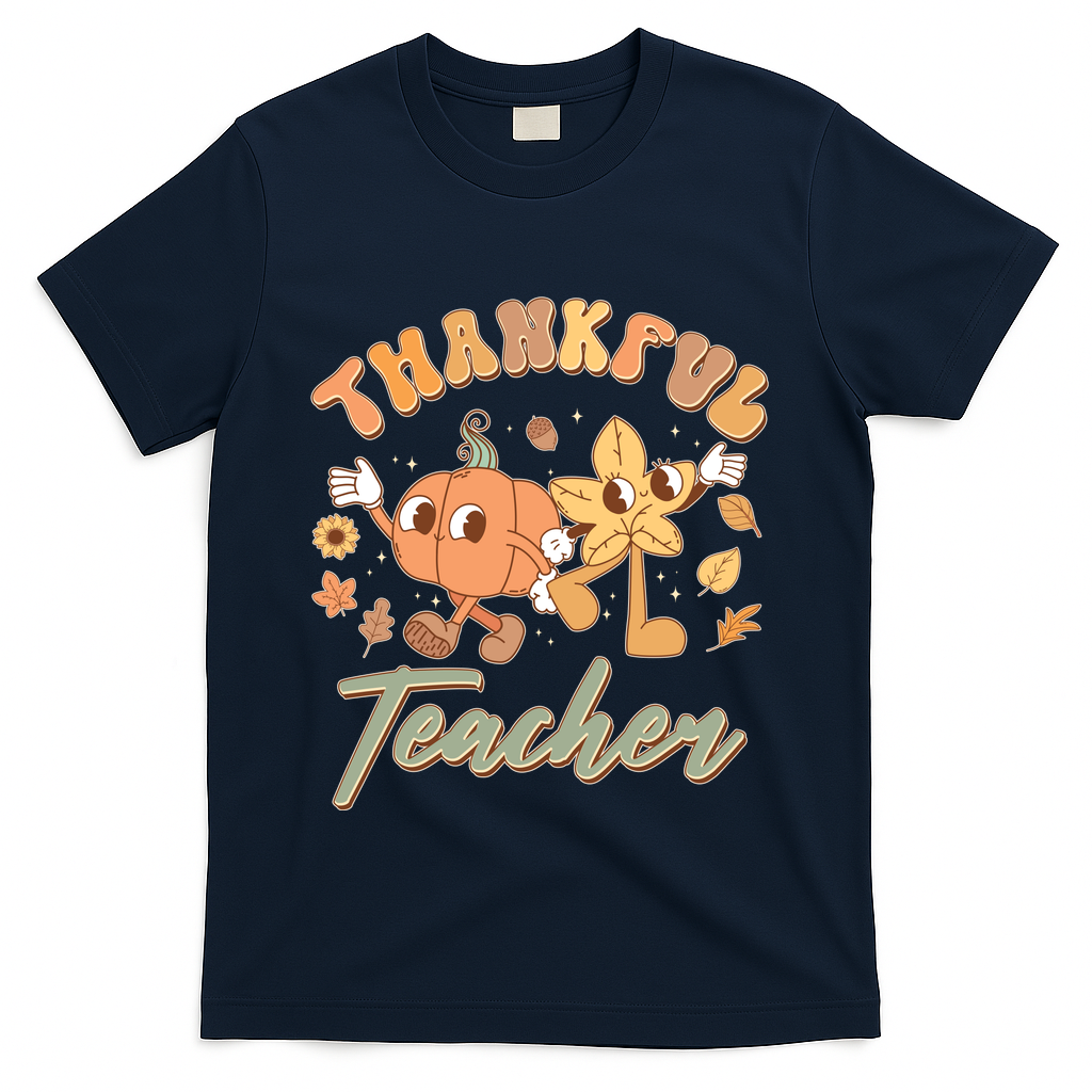 Cute Thanksgiving Thankful Teacher T-Shirt - Navy