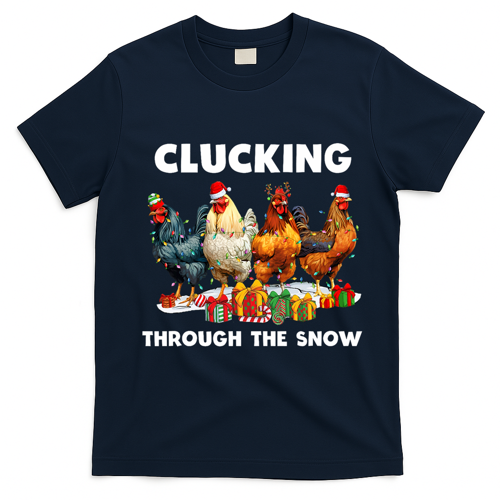 Clucking Through The Snow Funny Chicken Merry Christmas T-Shirt - Navy Blue