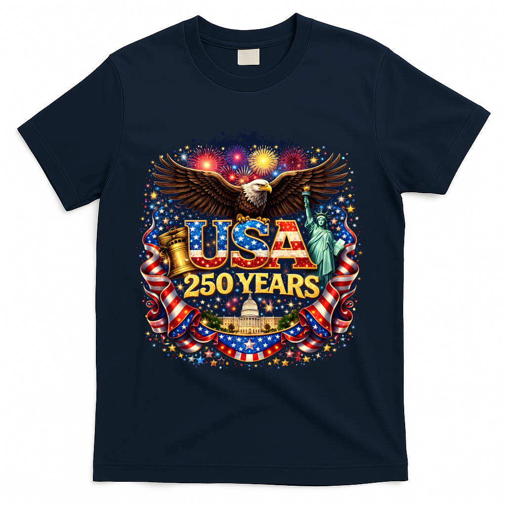 Celebrate USA 250 Years White House Eagle Fireworks T-Shirt - Navy