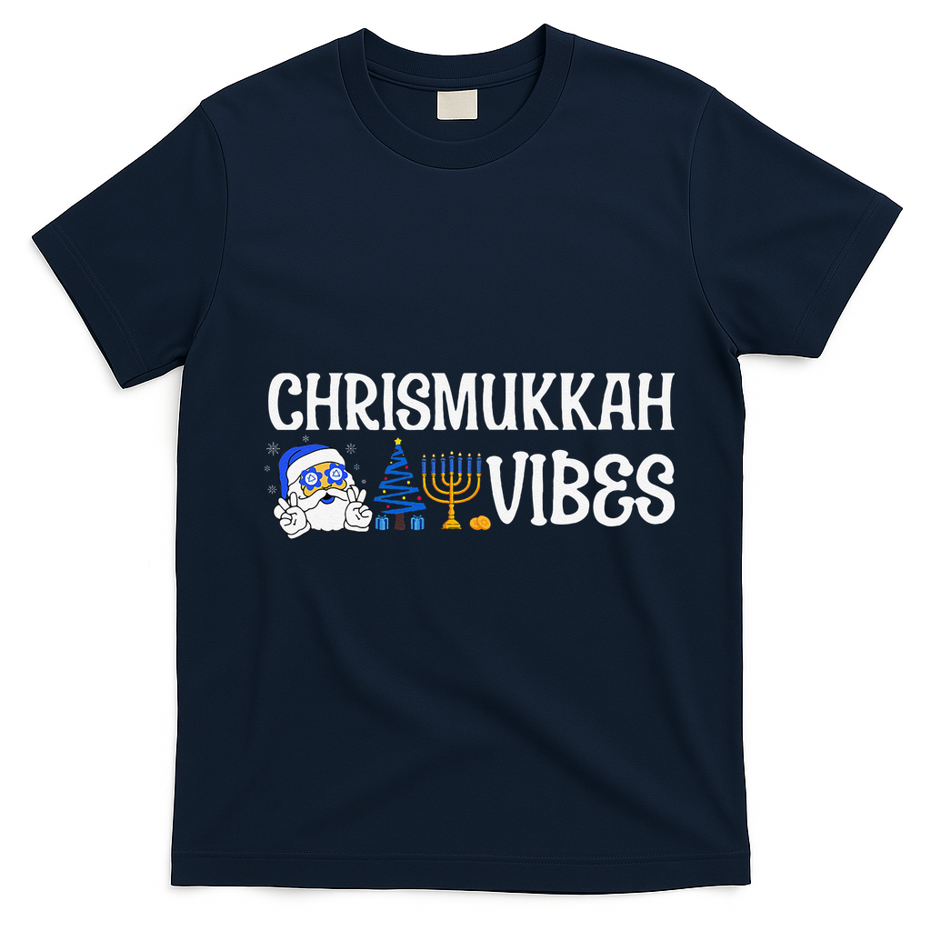 Chrismukkah Vibes Funny Santa Hanukkah Jewish Chanukah T-Shirt - Navy Blue