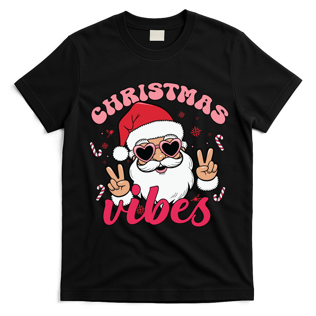Christmas Vibes Santa Claus Peace Retro Groovy T-Shirt - Black