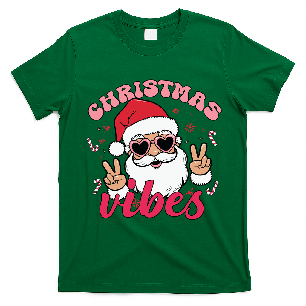 Christmas Vibes Santa Claus Peace Retro Groovy T-Shirt - Irish Green
