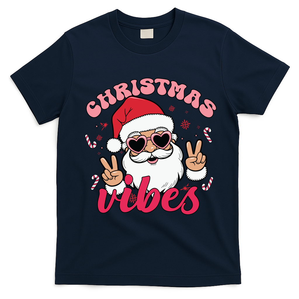 Christmas Vibes Santa Claus Peace Retro Groovy T-Shirt - Navy Blue