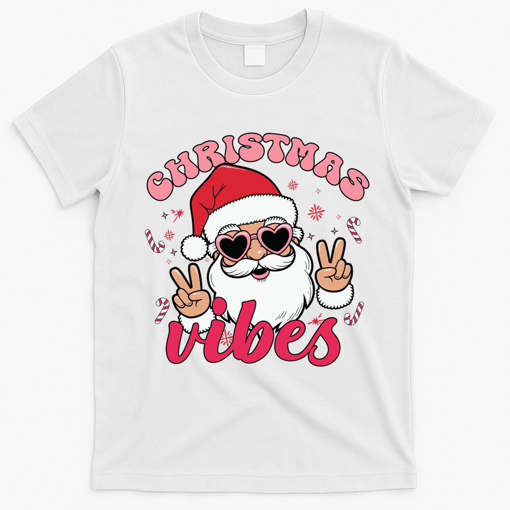 Christmas Vibes Santa Claus Peace Retro Groovy T-Shirt - White
