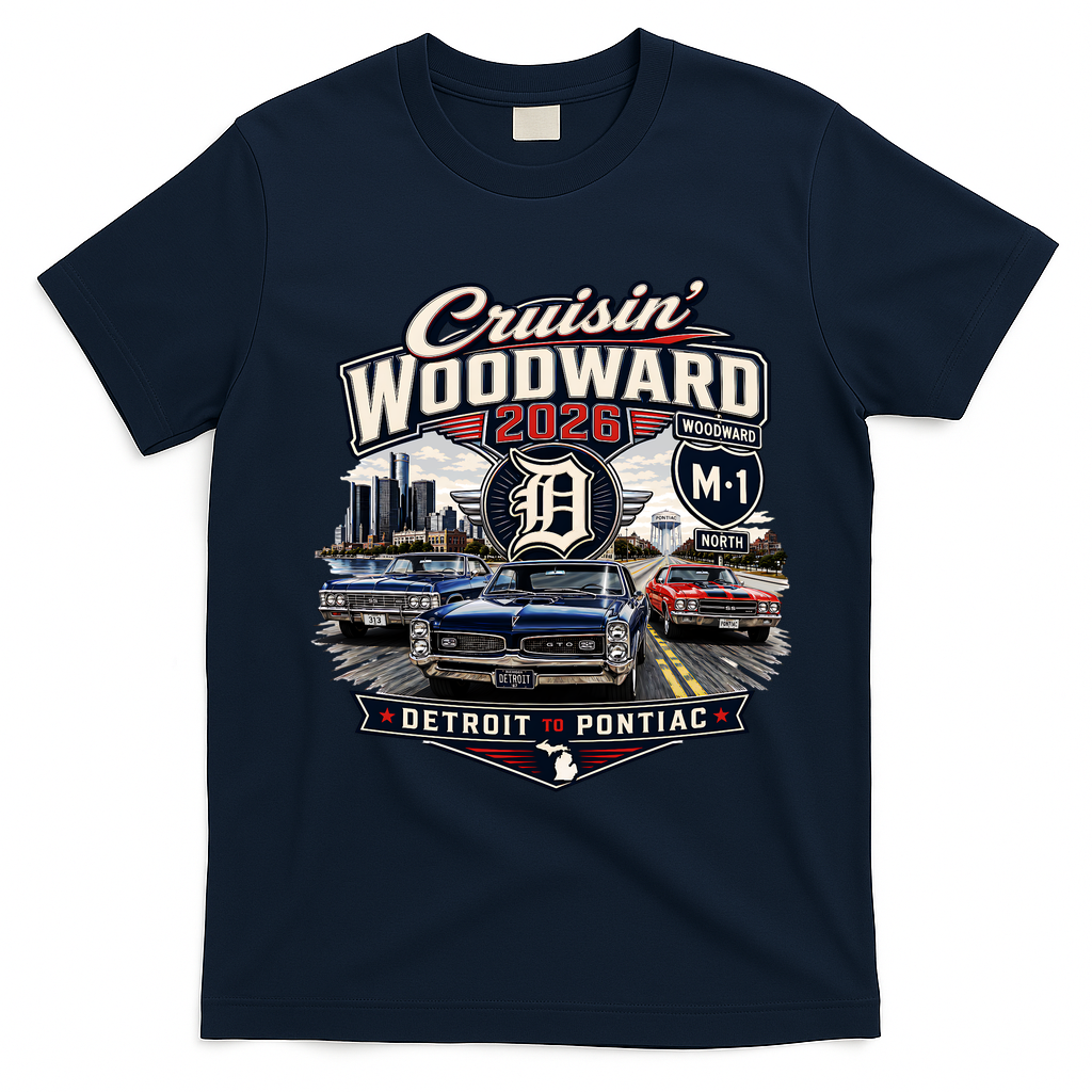 Cruisin' Woodward 2026 D Detroit To Pontiac T-Shirt - Navy Blue