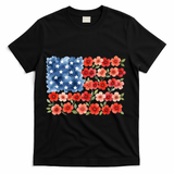 Cute Watercolor Floral Flower Patriotic USA American Flag T-Shirt - Black