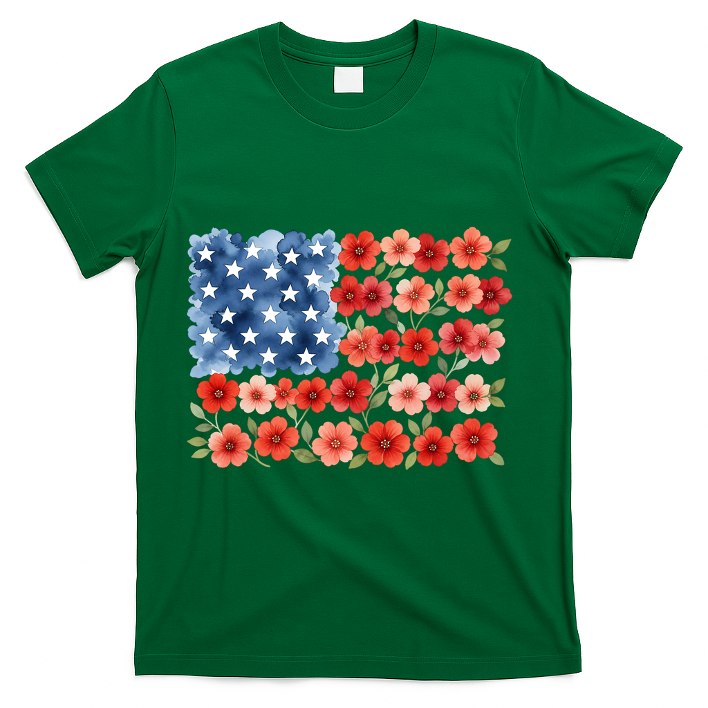 Cute Watercolor Floral Flower Patriotic USA American Flag T-Shirt - Green