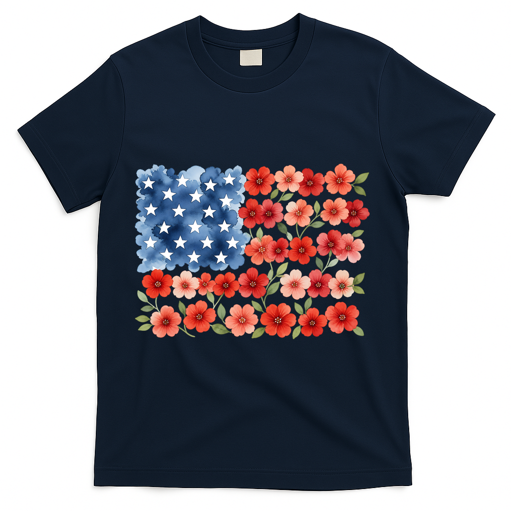 Cute Watercolor Floral Flower Patriotic USA American Flag T-Shirt - Navy