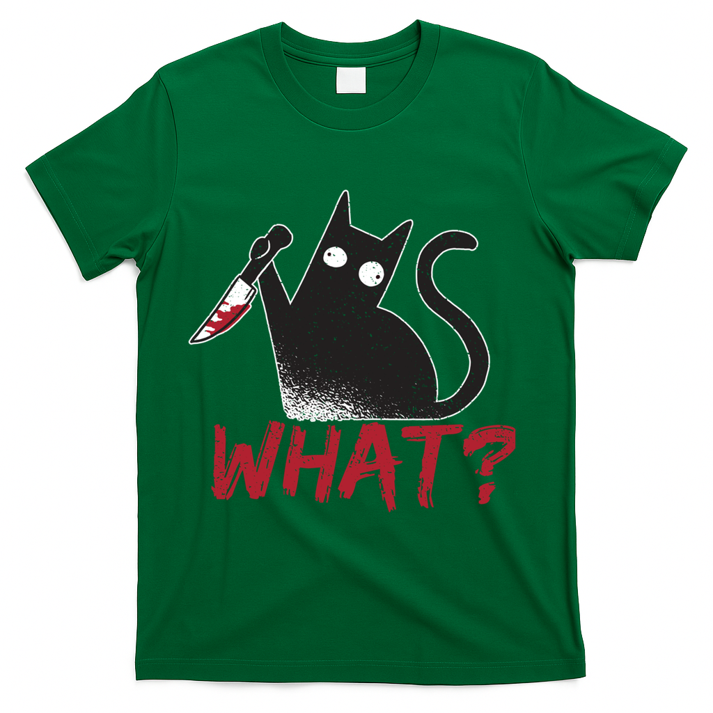 Cat What? Funny Black Cat Murderous Cat With Knife Cool Gift T-Shirt - Green