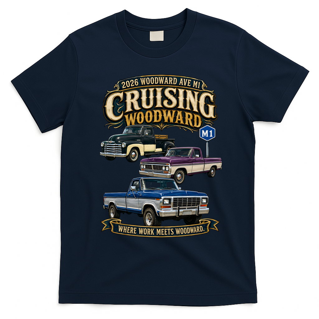 Cruising Woodward M1 Vintage Classic Trucks 2026 T-Shirt - Navy Blue