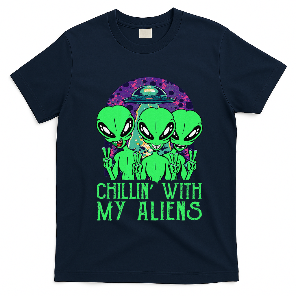 Chillin With My Aliens Group Halloween T-Shirt - Navy Blue