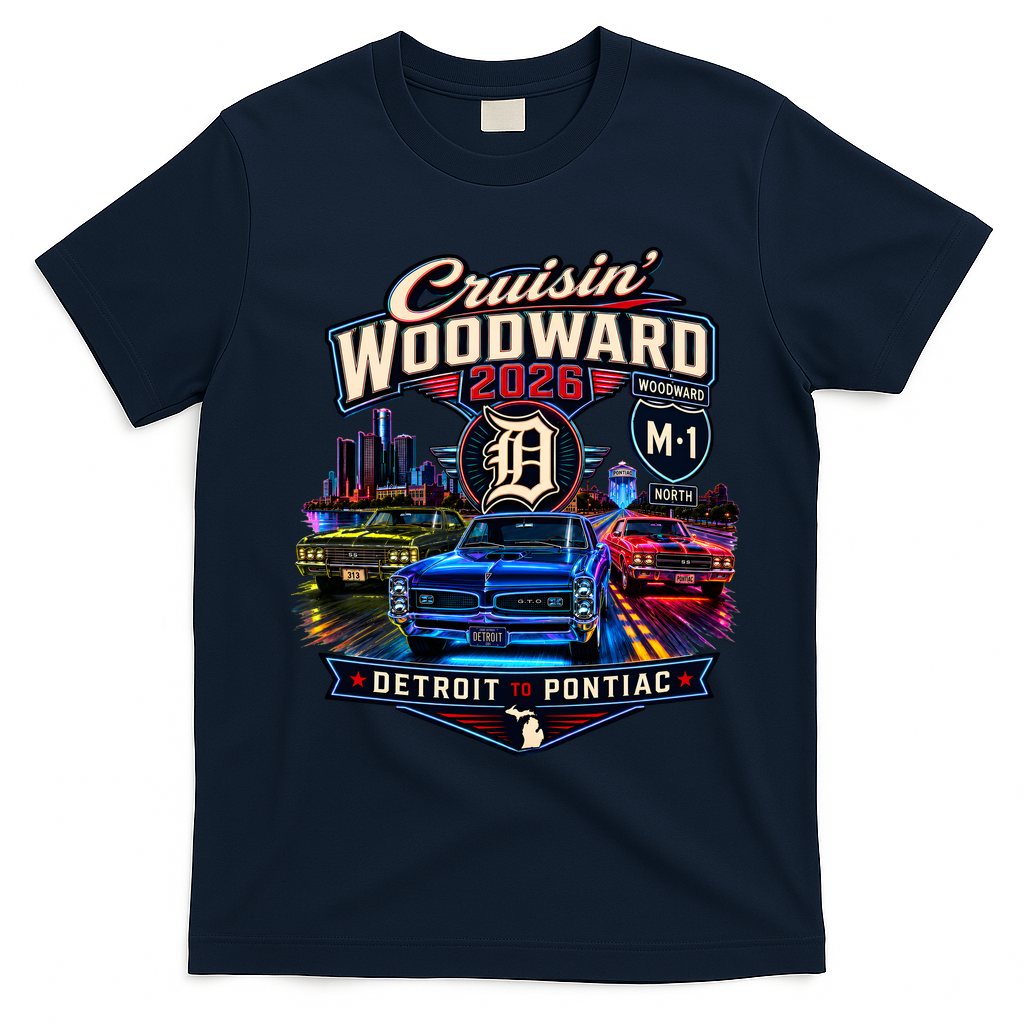 Cruisin’ Woodward Neon 2026 Detroit To Pontiac T-Shirt - Navy Blue