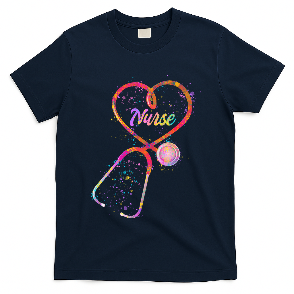 Cute Watercolor Nurse Heart Stethoscope T-Shirt - Navy