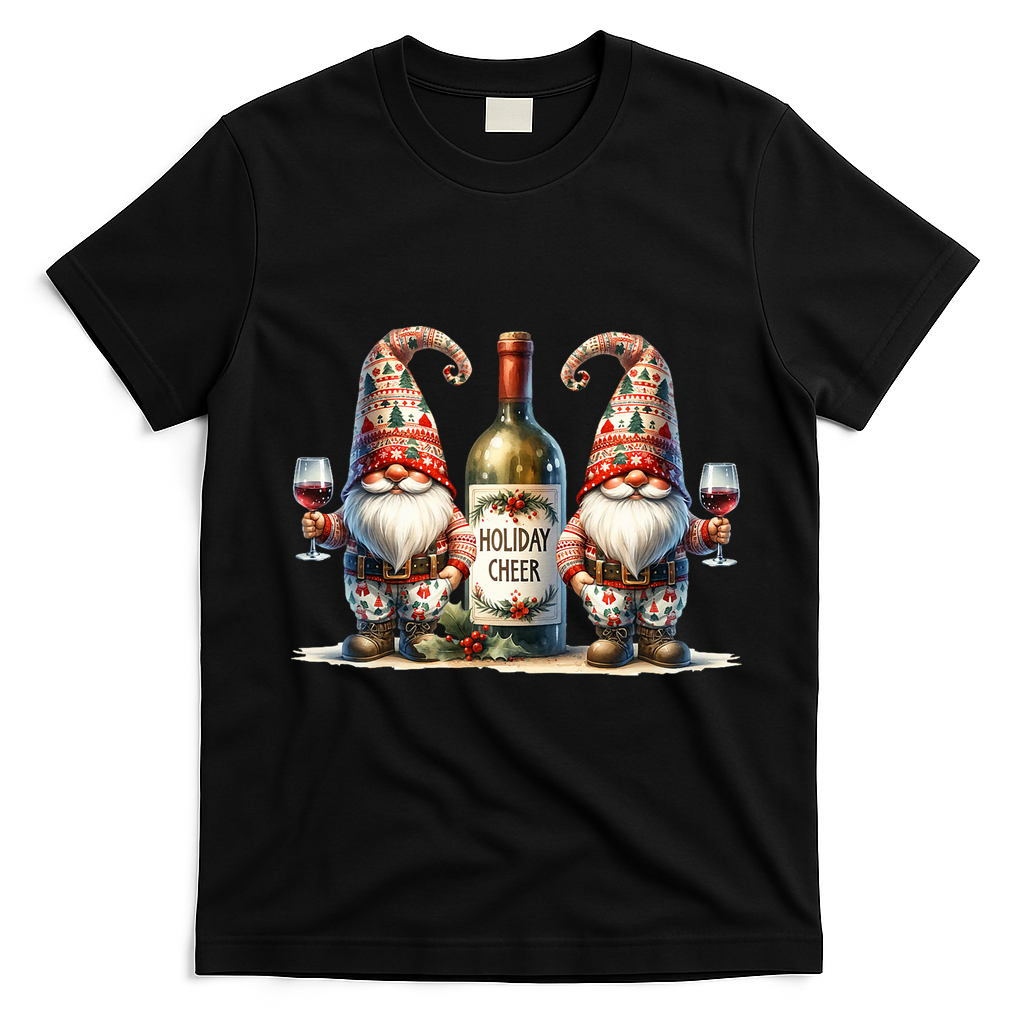 Christmas Wine Santa Gnomes For Xmas Holiday Cheer T-Shirt - Black