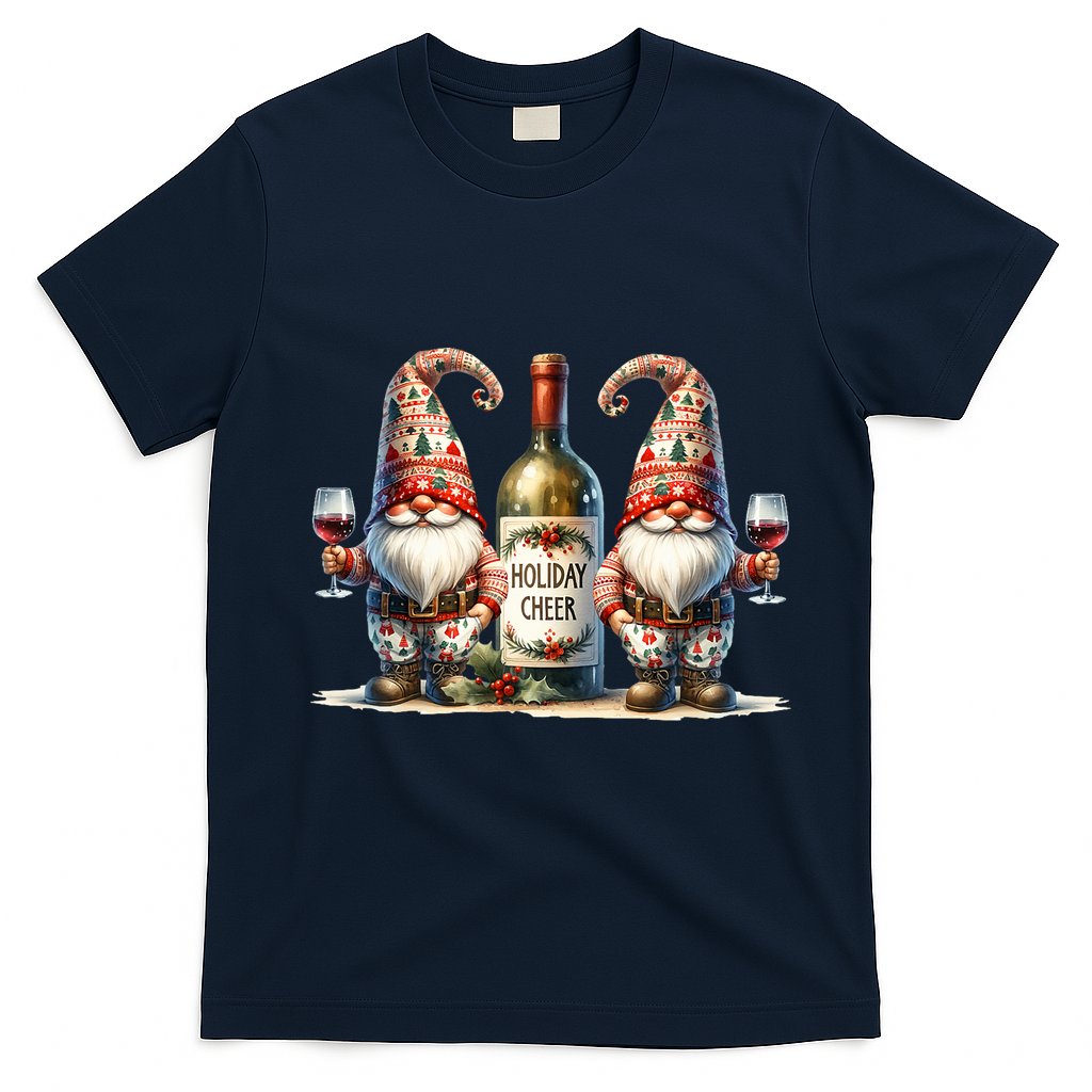 Christmas Wine Santa Gnomes For Xmas Holiday Cheer T-Shirt - Navy Blue