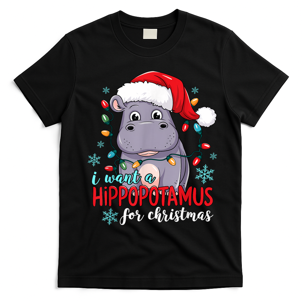Cute Xmas Santa Hat I Want A Hippopotamus For Christmas Costume Gift T-Shirt - Black