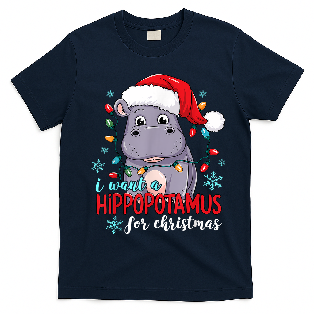 Cute Xmas Santa Hat I Want A Hippopotamus For Christmas Costume Gift T-Shirt - Navy Blue