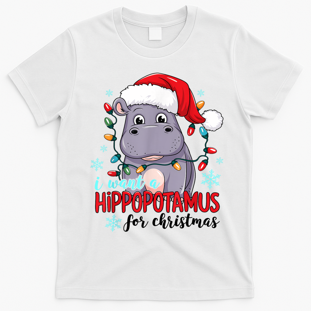 Cute Xmas Santa Hat I Want A Hippopotamus For Christmas Costume Gift T-Shirt - White