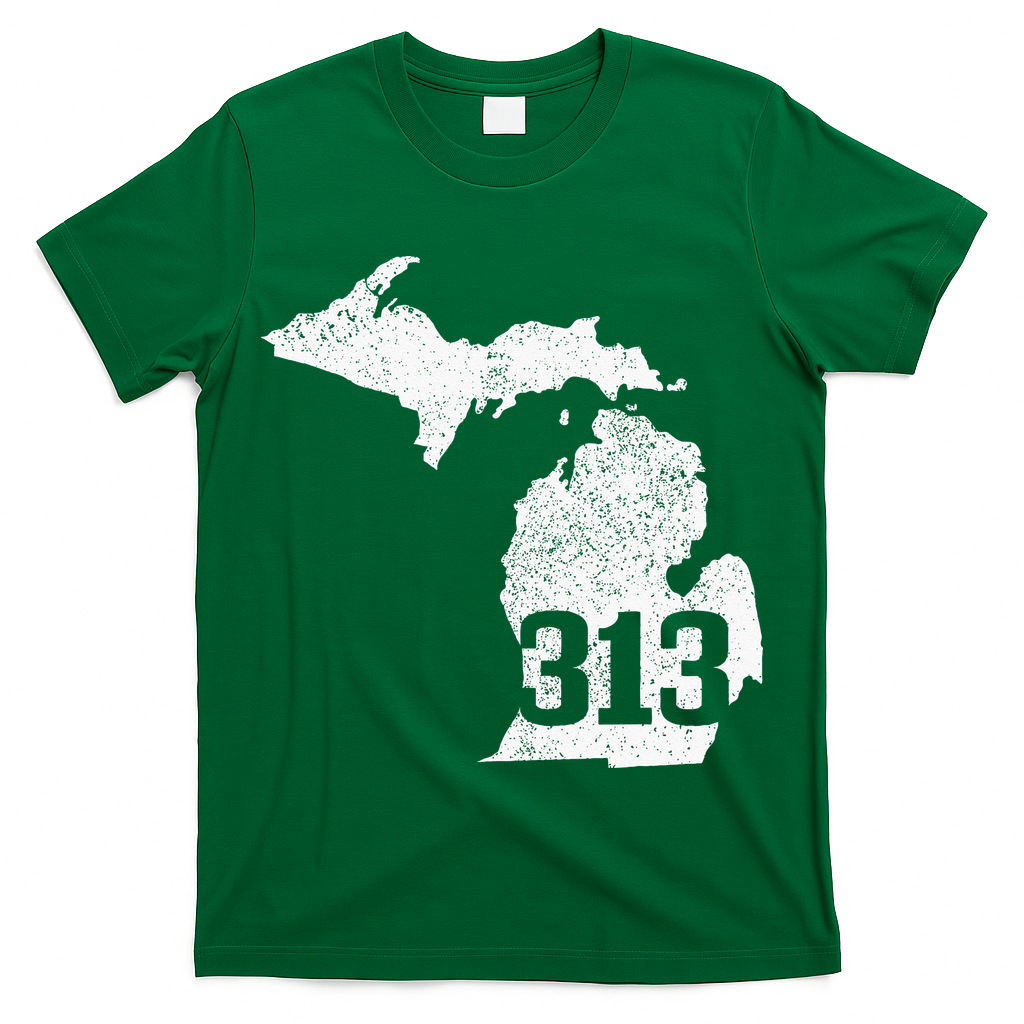 Detroit 313 Area Code Michigan Map State Pride Vintage T-Shirt