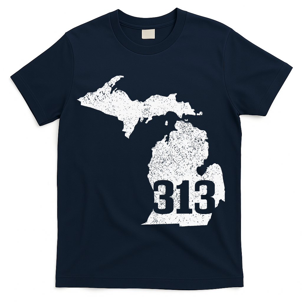 Detroit 313 Area Code Michigan Map State Pride Vintage T-Shirt