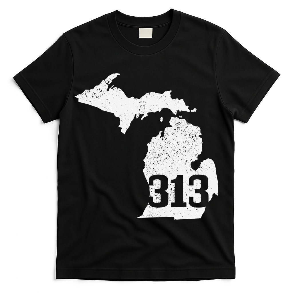 Detroit 313 Area Code Michigan Map State Pride Vintage T-Shirt