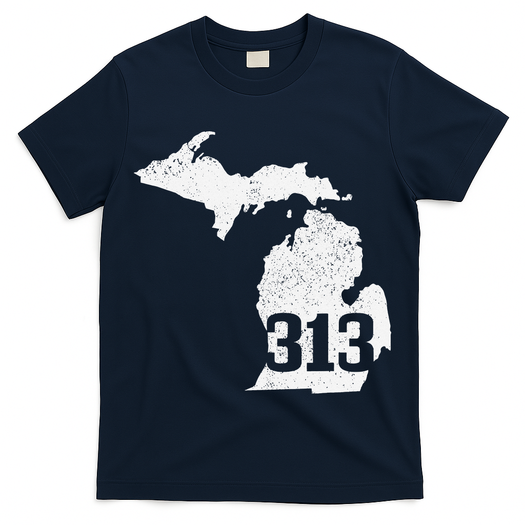 Detroit 313 Area Code Michigan Map State Pride Vintage T-Shirt