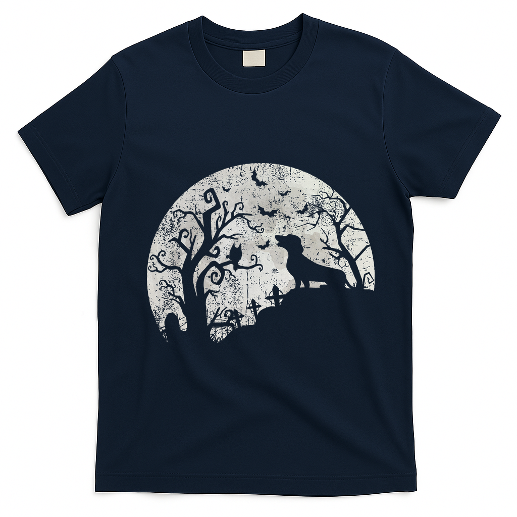 Dachshund And Moon Halloween Dachshund Lovers Pet Owner T-Shirt - Navy Blue