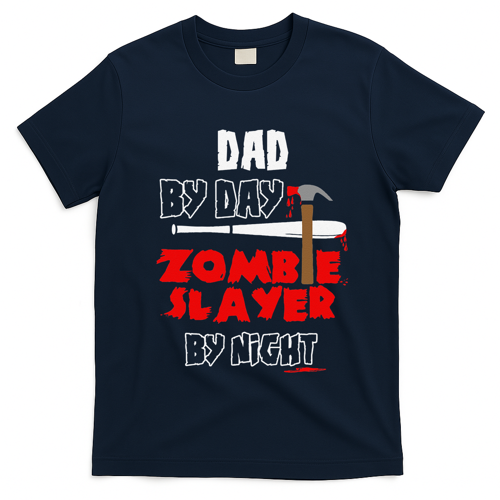 Dad By Day Zombie Slayer By Night Halloween Costume T-Shirt - Navy Blue
