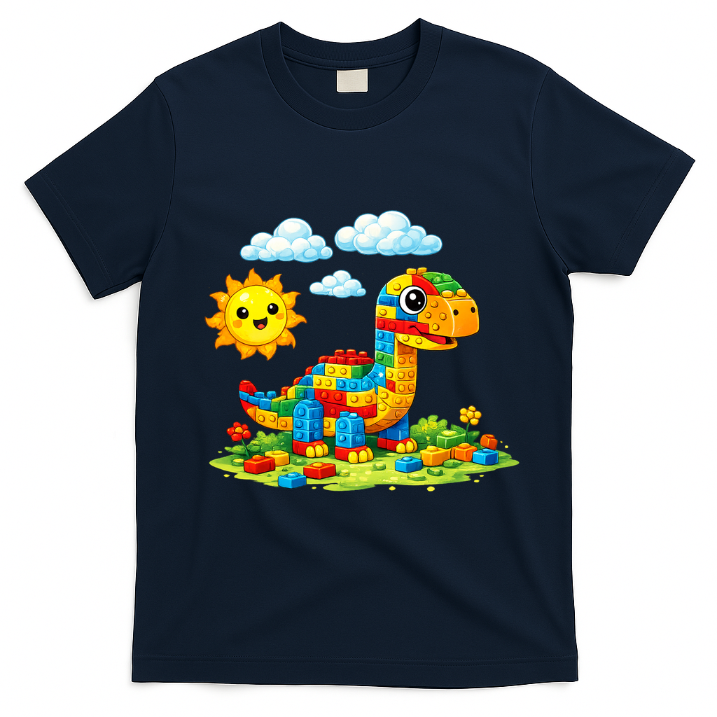 Dinosaur Brick Master Builder Block Building Builder T-Shirt - Navy Blue