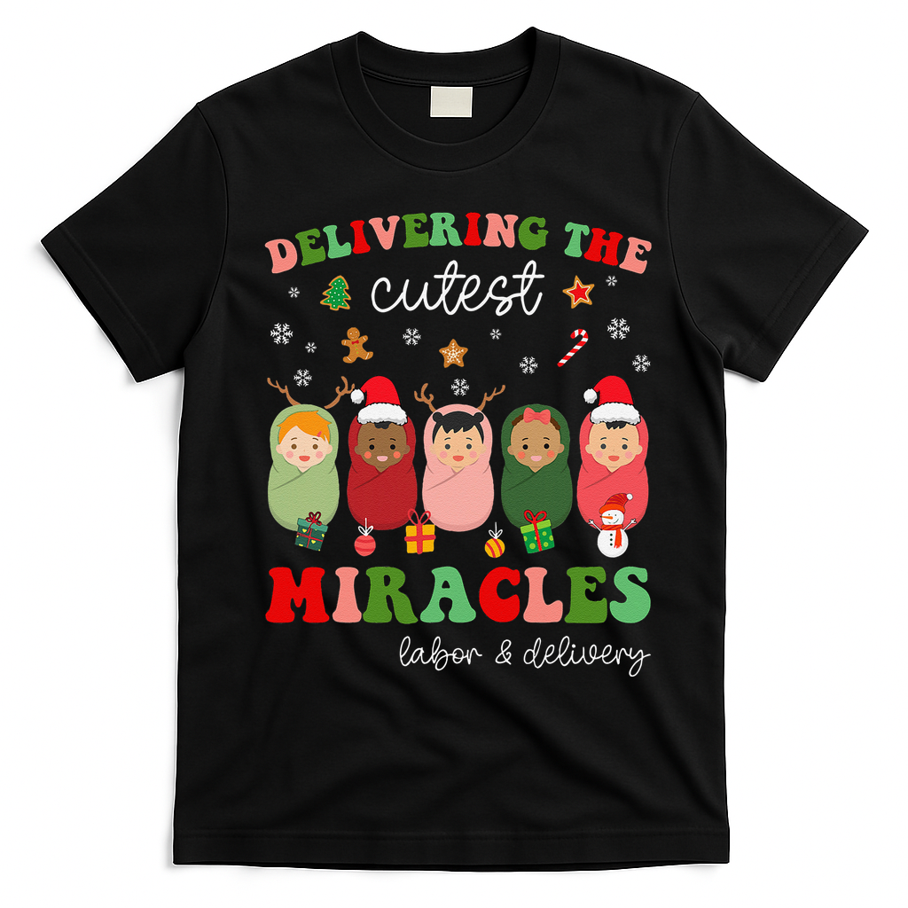Delivering Cutest Miracles Labor & Delivery Nurse Christmas T-Shirt - Black