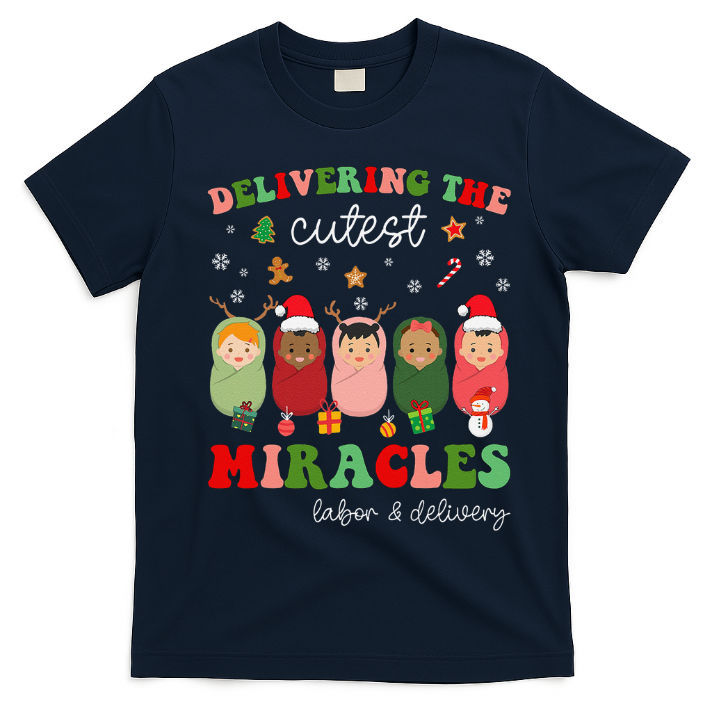 Delivering Cutest Miracles Labor & Delivery Nurse Christmas T-Shirt - Navy Blue