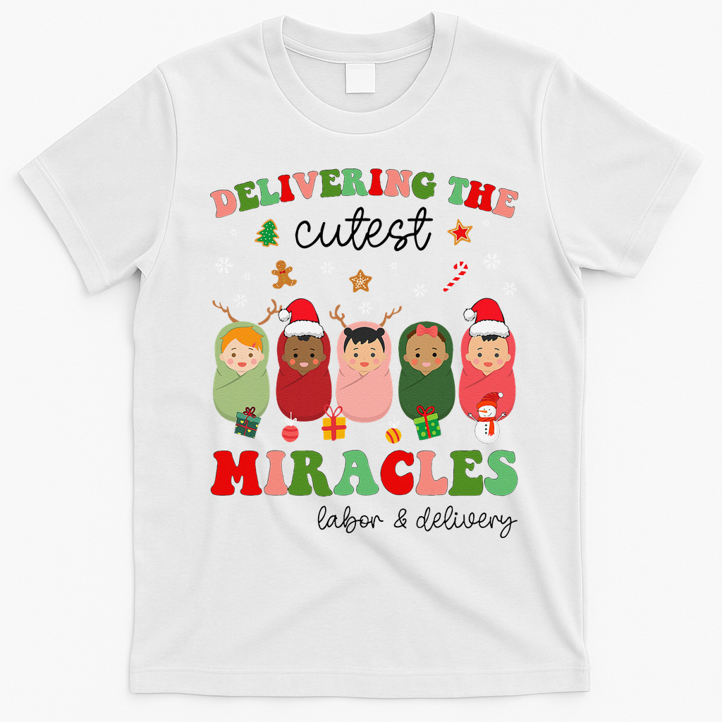 Delivering Cutest Miracles Labor & Delivery Nurse Christmas T-Shirt - White