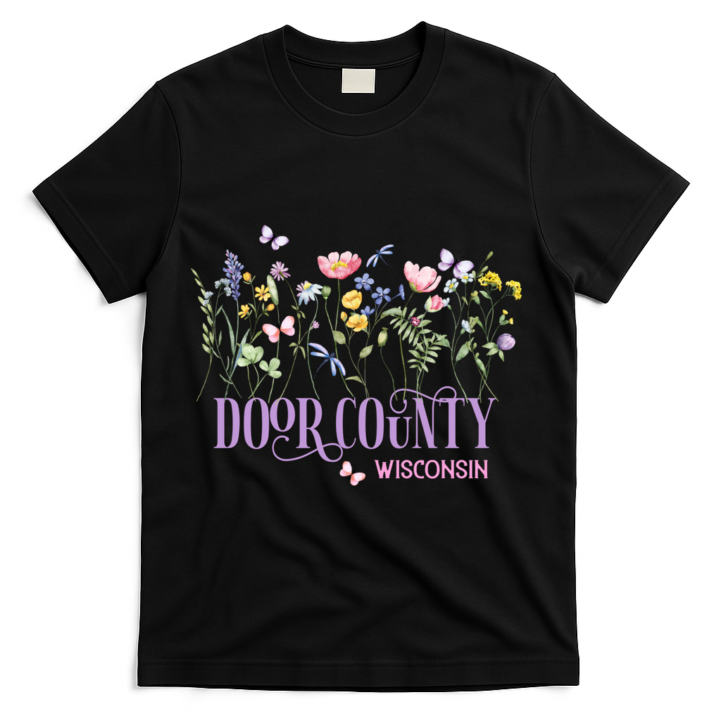 Door County Wisconsin Wildflowers Summer Vacation Souvenir Gift T-Shirt - Black