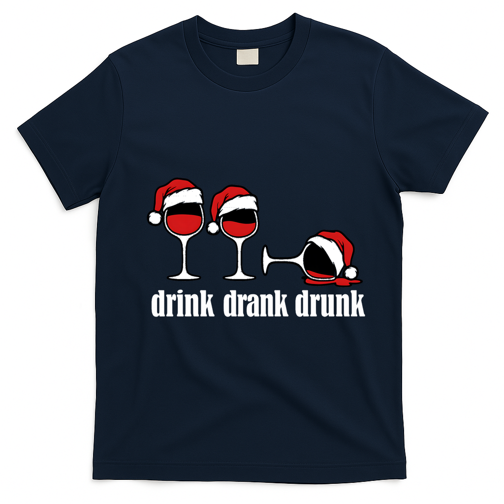 Drink Drank Drunk Funny Christmas Wine Grammar T-Shirt - Navy Blue