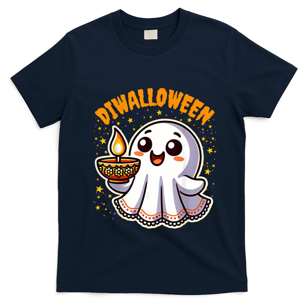 Diwalloween Diwali Halloween Fun Boo Ghost Lantern Deepavali T-Shirt - Navy Blue