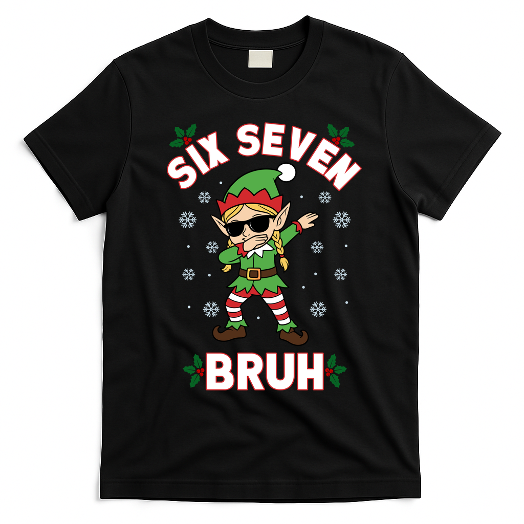 Dabbing Elf Six Seven Bruh Christmas 67 Meme Xmas T-Shirt - Black