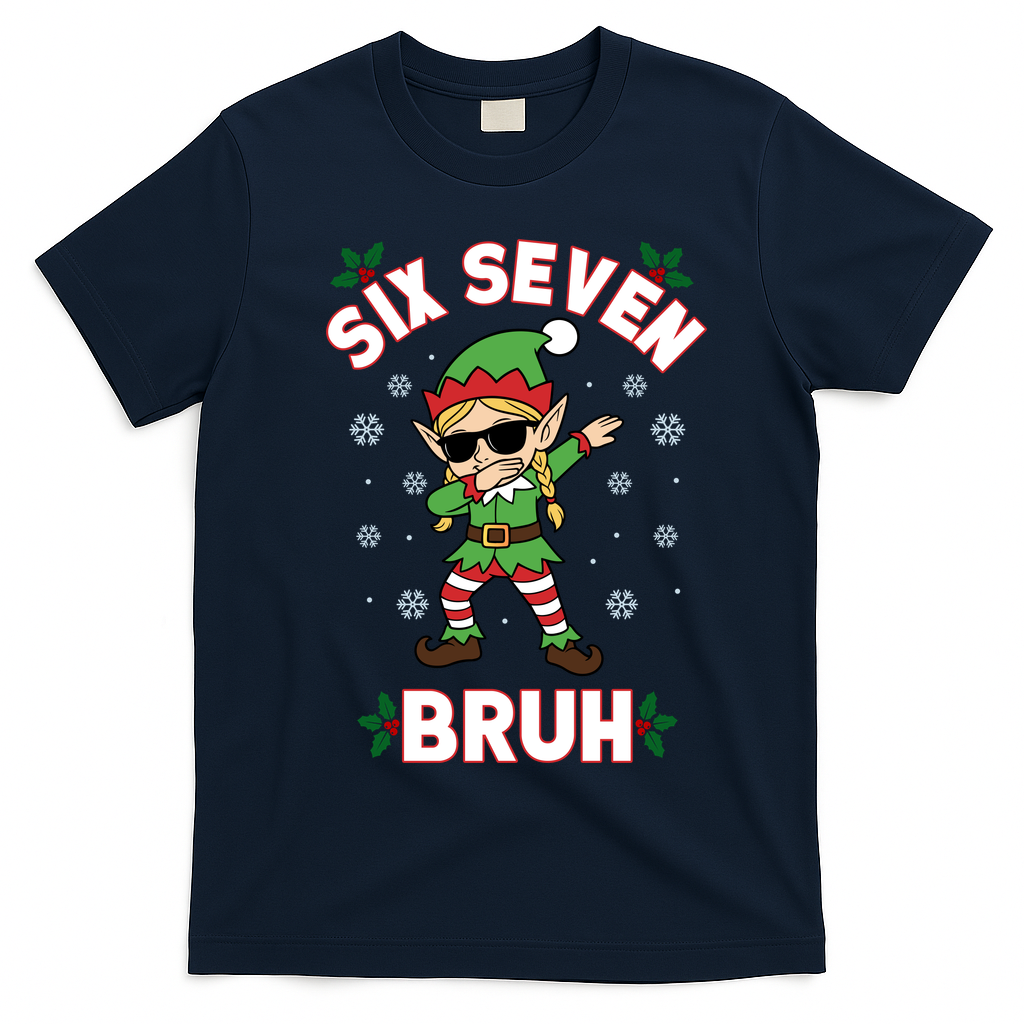 Dabbing Elf Six Seven Bruh Christmas 67 Meme Xmas T-Shirt - Navy Blue