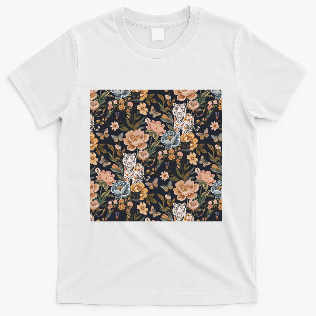 Dark Floral Jungle Cats - White