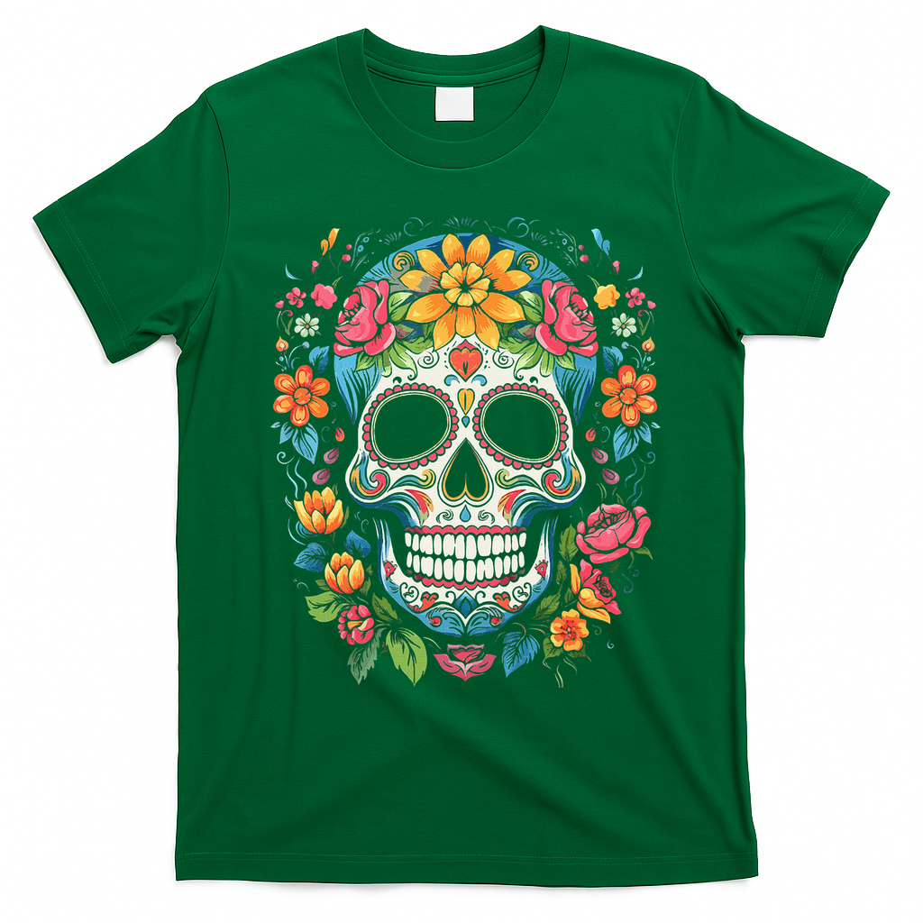De Los Muertos Day Of The Dead Sugar Skull Halloween T-Shirt - Irish Green
