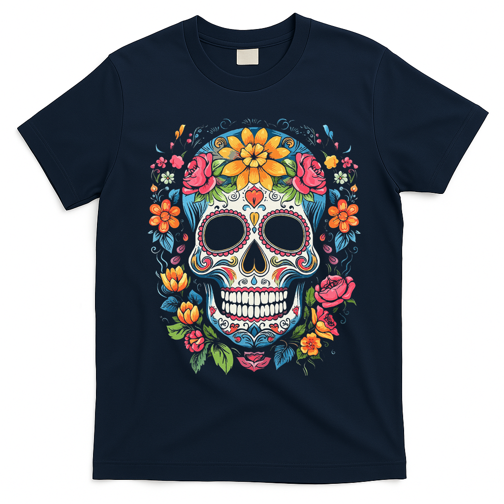 De Los Muertos Day Of The Dead Sugar Skull Halloween T-Shirt - Navy Blue