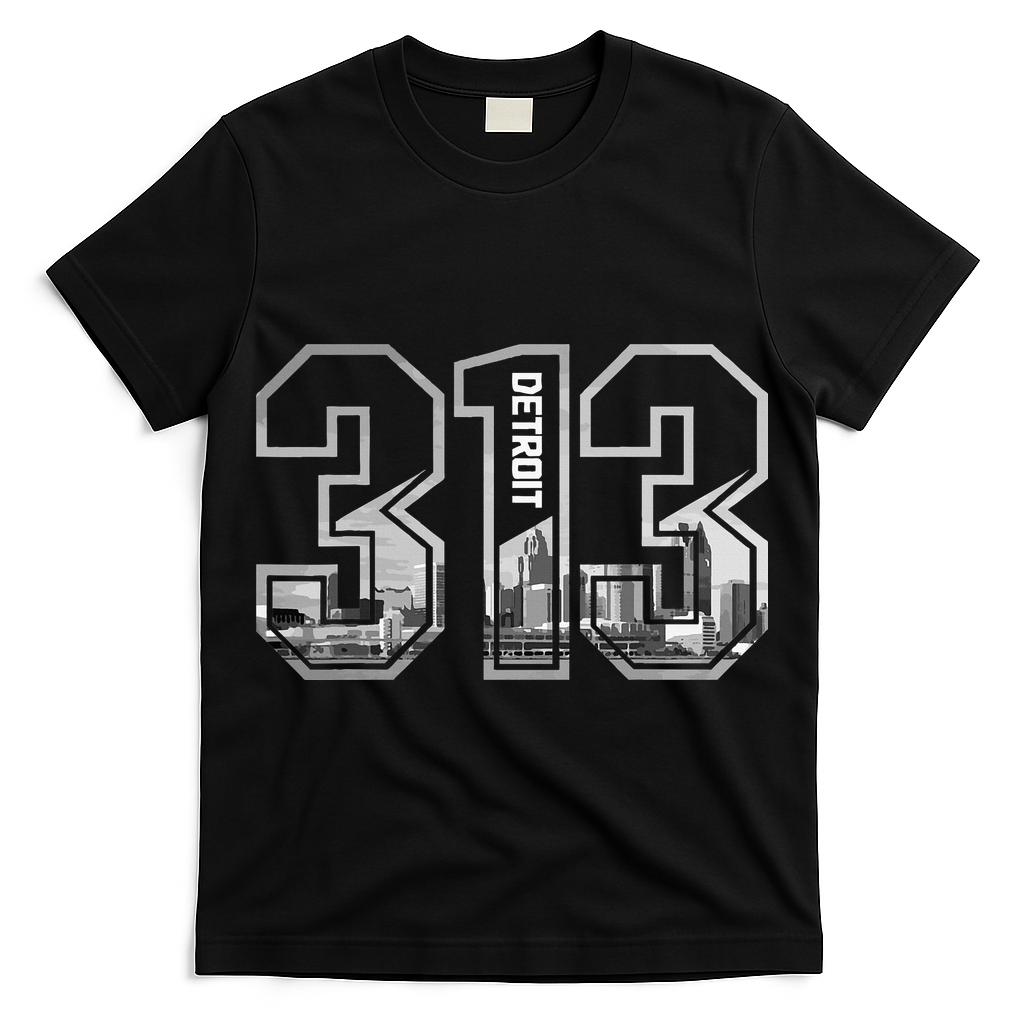 Detroit Michigan 313 Area Code Pride Skyline T-Shirt
