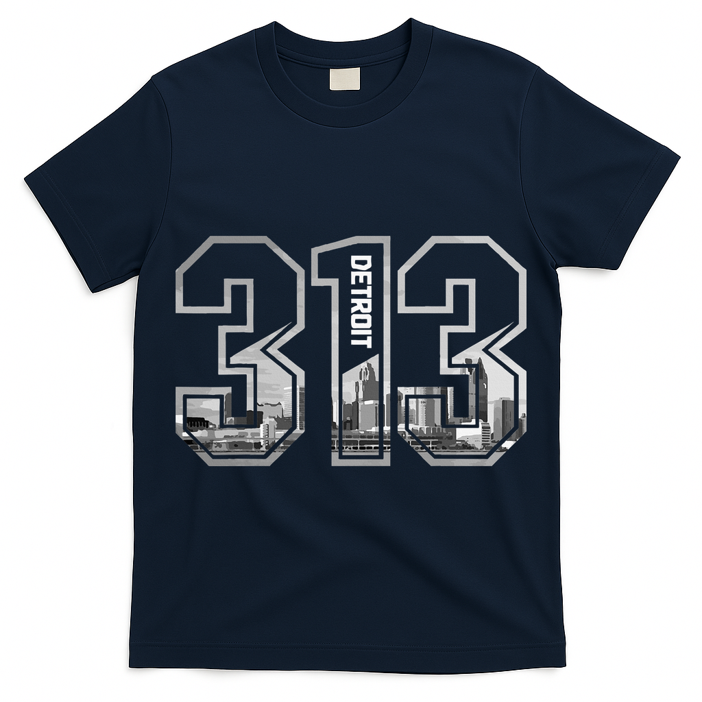 Detroit Michigan 313 Area Code Pride Skyline T-Shirt