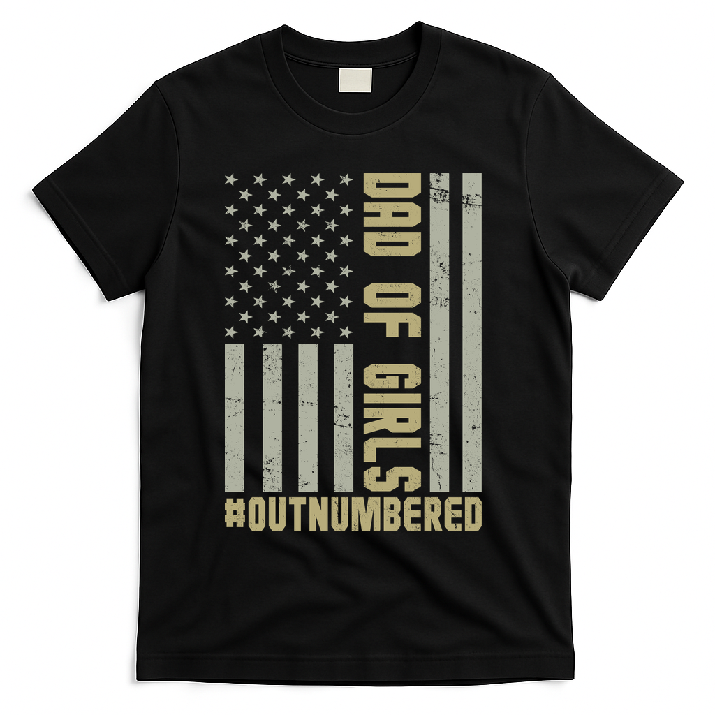 Dad of Girls Outnumbered Patriotic Graphic Clothing T-Shirt - Black