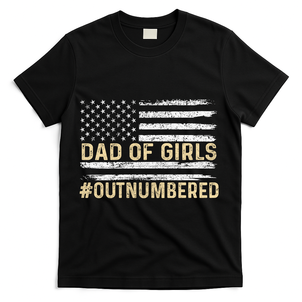 Dad Of Girls Outnumbered American Flag T-Shirt - Black