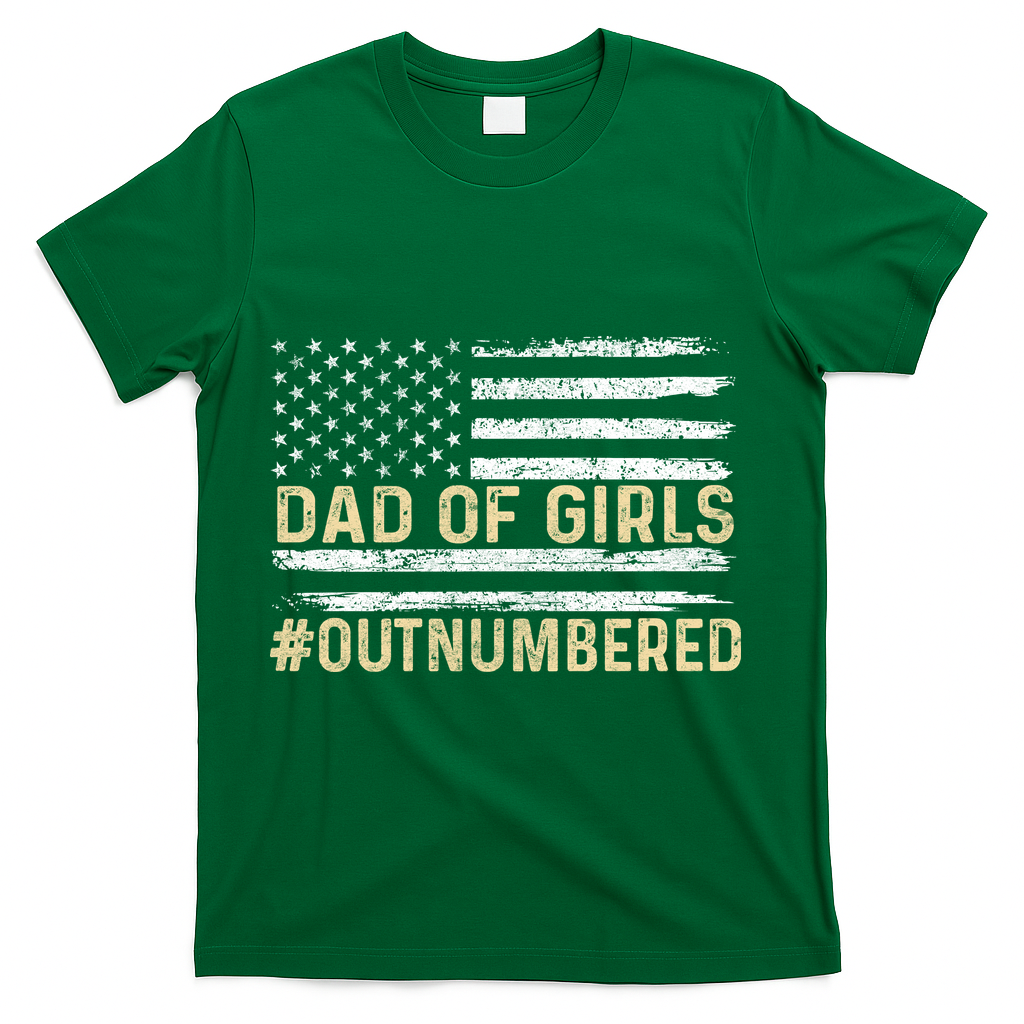 Dad Of Girls Outnumbered American Flag T-Shirt - Green