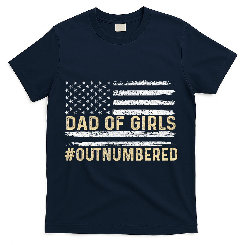 Dad Of Girls Outnumbered American Flag T-Shirt - Navy