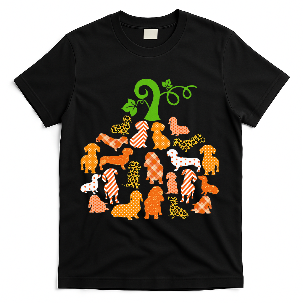 Dachshund Pumpkin Shape Plaid Leopard Dog Autumn Halloween T-Shirt - Black