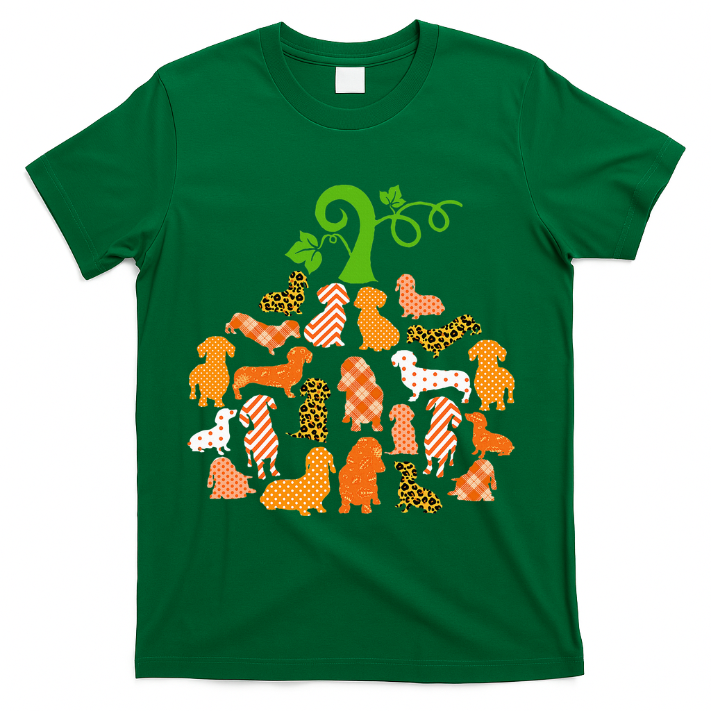 Dachshund Pumpkin Shape Plaid Leopard Dog Autumn Halloween T-Shirt - Green
