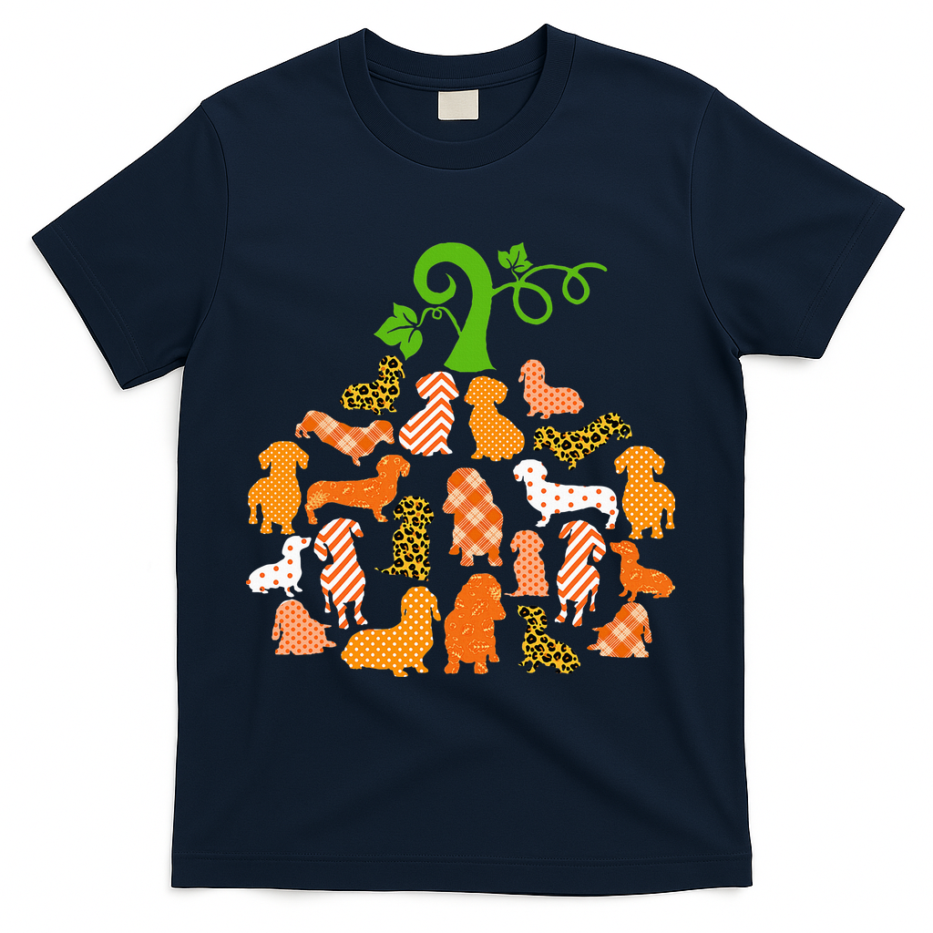 Dachshund Pumpkin Shape Plaid Leopard Dog Autumn Halloween T-Shirt - Navy